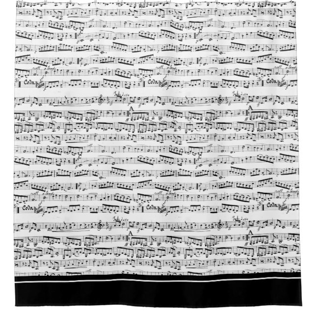 Cortina de ducha con notas de música en blanco y n (Anverso)