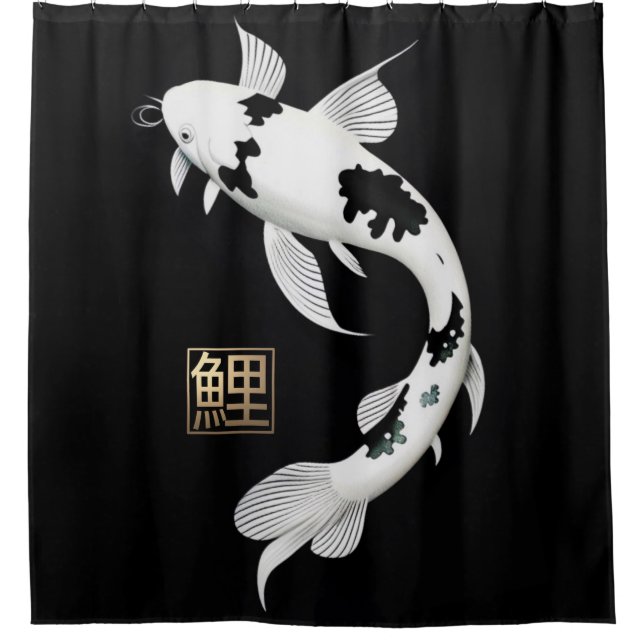 Cortina de ducha con pez koi en blanco y negro (Anverso)