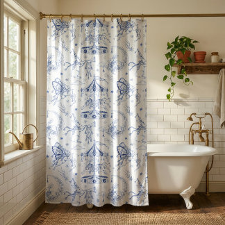 Cortina De Ducha Conejo Celestial Caprichoso Toile de Jouy Azul