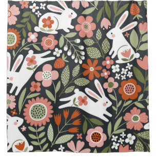 Cortina De Ducha Conejos blancos, patrón de cosecha floral.