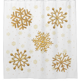 Cortina De Ducha Copos de nieve metálicos de oro sobre blanco