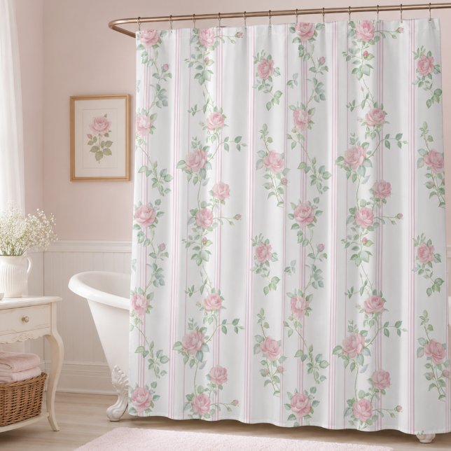 Cortina De Ducha Coqueta Floral Rosa (elegant shabby chic girly pale pink floral coquette rose stripe shower curtain)