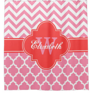 Cortina De Ducha Coral rojo blanco marroquí #5 Chevron 1IQRN