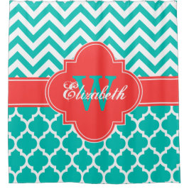 Cortina De Ducha Coral Rojo Chevron Marroquí Blanco Teal #5 1IQRN