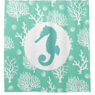 Cortina De Ducha Corales costeros y Seahorse del mar blanco