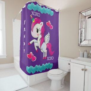 Cortina de ducha Corazón azul morado Unicornio xox