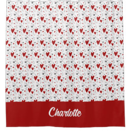 Cortina De Ducha Corazones de Doodle Rojo Negro Monograma Retro Nom