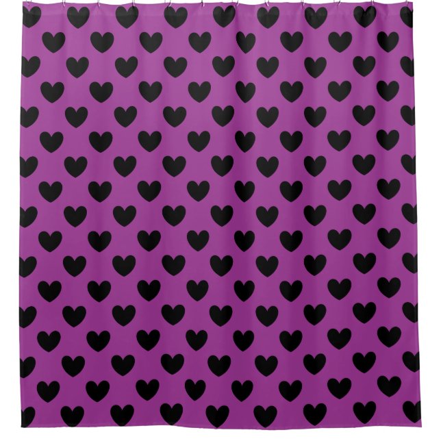 Cortina De Ducha Corazones de polka negra en morado (Anverso)