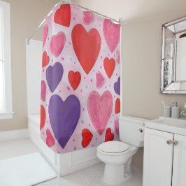 Cortina De Ducha Corazones de San Valentín en rosa, morado y rojo