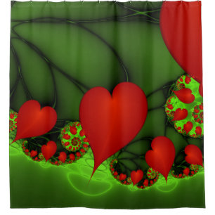 Cortina De Ducha Corazones rojos animan el arte fractal verde moder