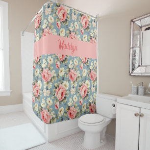Cortina De Ducha Cottage Campestre Floral Rosa Rubor Monograma Nomb