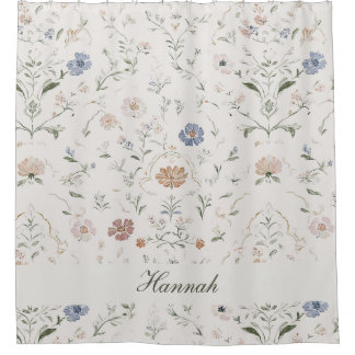 Cortina De Ducha Cottagecore Caprichoso Beige Monograma Nombre Flor