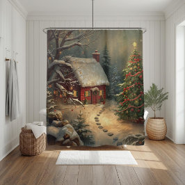 Cortina De Ducha Cozy Winter Cabin Christmas Tree Watercolor Snowy 