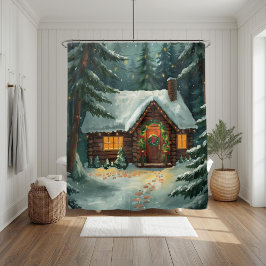 Cortina De Ducha Cozy Winter Cabin in Forest Christmas 