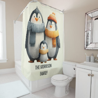 Cortina De Ducha Cozy Winter Penguin Family
