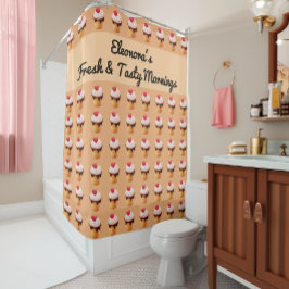 Cortina De Ducha Cream and Brown Ice Cream Pattern with Red Hearts