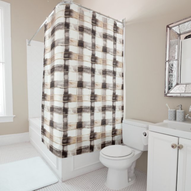 Cortina De Ducha Cream Brown Plaid Stripes   (In situ)