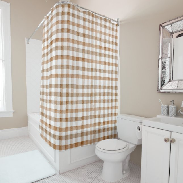 Cortina De Ducha Cream Brown Stripes Tan Plaid (In situ)