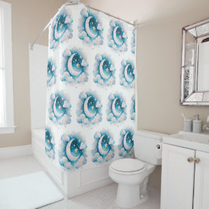 Cortina De Ducha Creciente Luna Celeste Boho Moderno Azul y Blanco