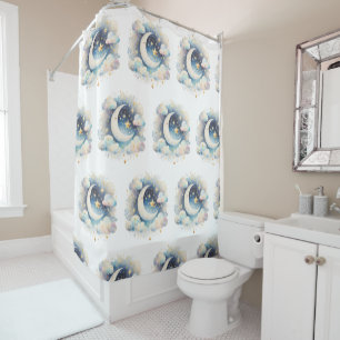 Cortina De Ducha Creciente Luna Celeste Boho Moderno Azul y Blanco