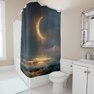 Cortina De Ducha Creciente luna dorada surrealista sobre el océano