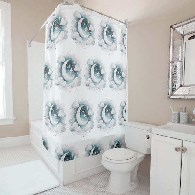 Cortina De Ducha Creciente Lunar Celeste Azul y Blanco Boho Moderno (In situ)