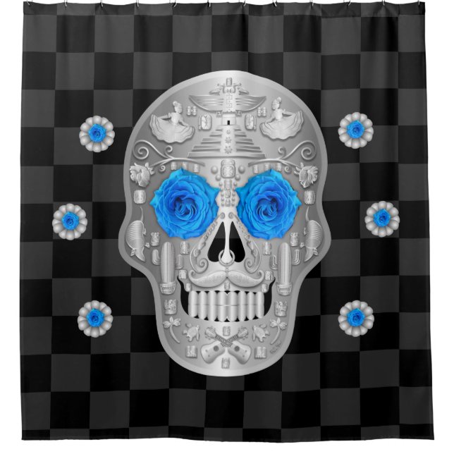 Cortina de ducha cromada Calavera (Rosa azul) (Anverso)