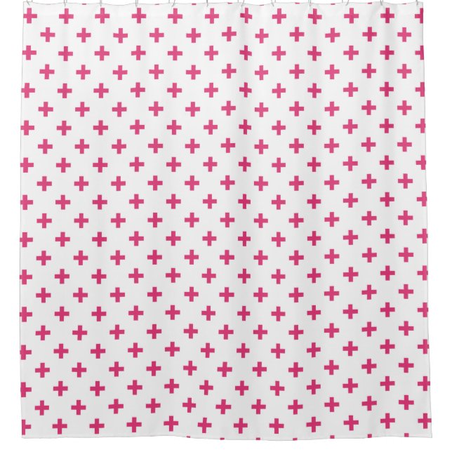 Cortina De Ducha Cruces de polka de Fuchsia sobre blanco (Anverso)