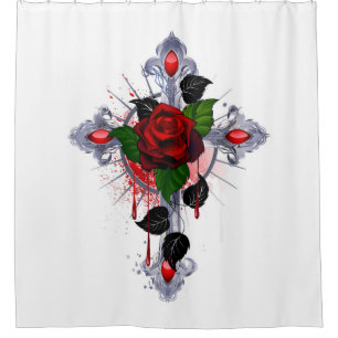 Cortina De Ducha Cruz de Plata con una Rosa Roja