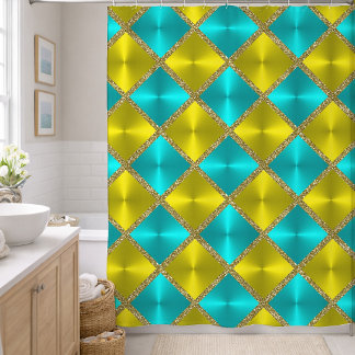 Cortina De Ducha Cuadrados metálicos de color aqua y amarillo con d