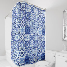 Cortina De Ducha Cuadros de agua del patrón de mosaico blanco azul