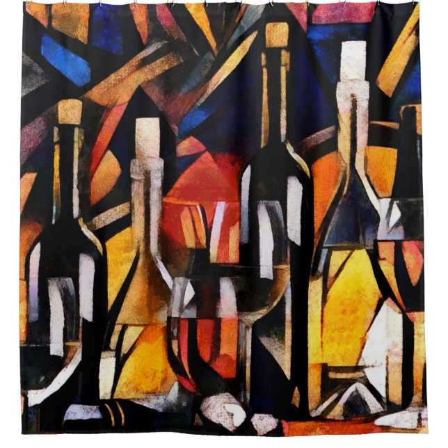 Cortina De Ducha Cubism Wine Themem: Botellas y uvas (Anverso)