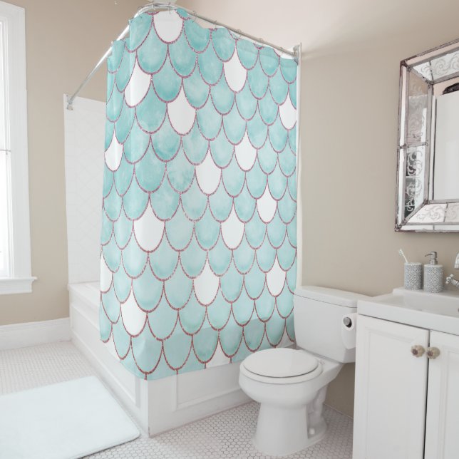 Cortina De Ducha Cuidada Purpurina rosa Verde azulada acuarela Esca (In situ)