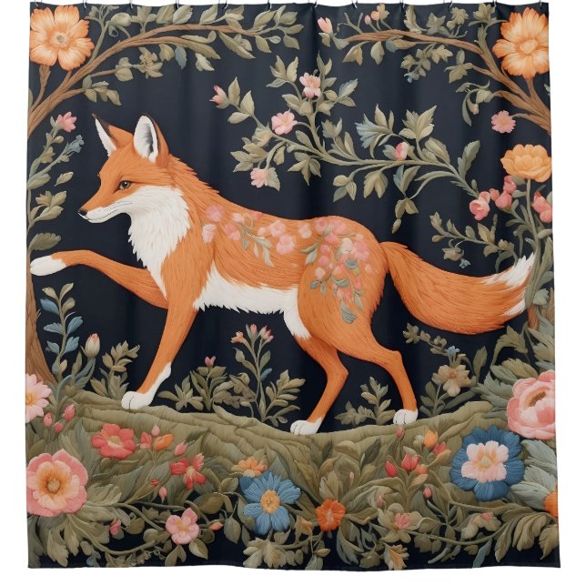 Cortina De Ducha Curioso Fox Faux Embroidery Elegante Floral (Anverso)