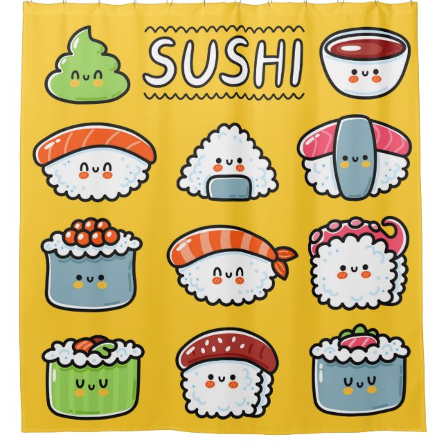 Cortina De Ducha Curioso y feliz sushi maki rolls personalizado sin (Anverso)