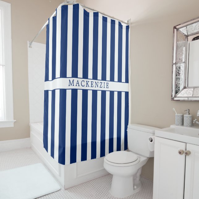 Cortina De Ducha Custom Name Navy and White Vertical Striped (In situ)
