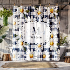 Cortina De Ducha Custom Navy Gingham Daisy Monogram