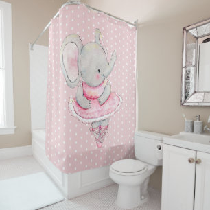 Cortina De Ducha Cute Ballerina Elephant Punto Polka Blanco Rosa