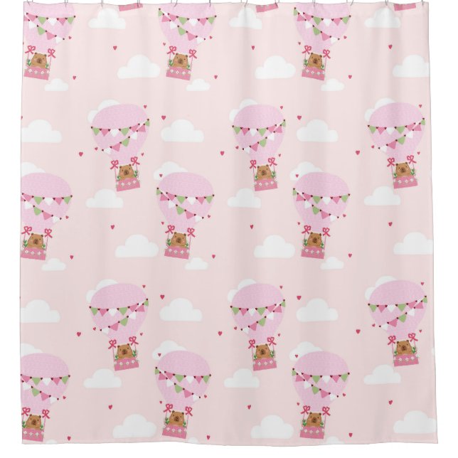 Cortina De Ducha Cute Capybara Globo Aerostático Rosa (Anverso)