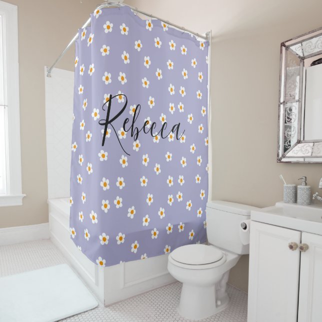 Cortina De Ducha Cute Daisy Pattern Purple Personalizado Script Nam (In situ)