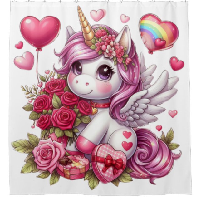 Cortina De Ducha Cute El día de San Valentín unicorn (Anverso)