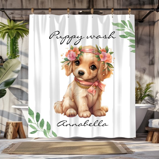 Cortina De Ducha Cute Floral Golden Retriever Puppy (Cute Floral Golden Retriever Puppy Shower Curtain)