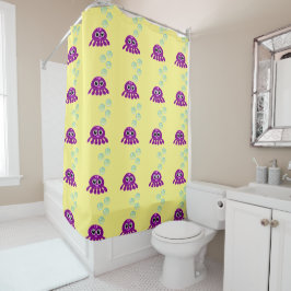 Cortina De Ducha Cute Kawaii Purple Jellyfish con burbujas azules