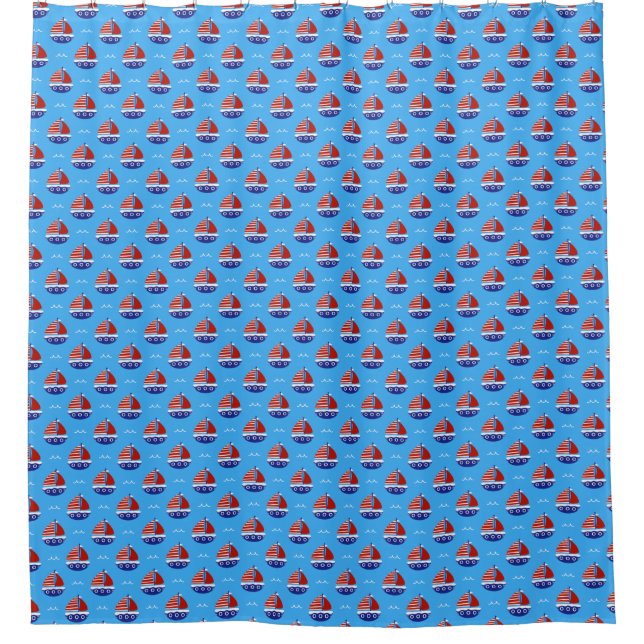 Cortina De Ducha Cute Kids Sailboat Pattern Ocean Blue (Anverso)