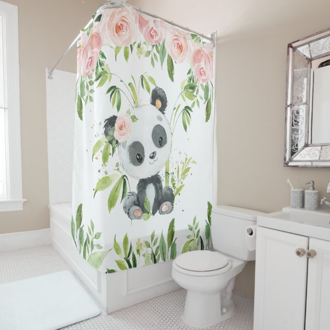 Cortina De Ducha Cute Panda Pink Floral Greeneration Bamboo (In situ)