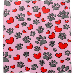 Cortina De Ducha Cute Perro Paw Y Red Hearts Pattern On Pink