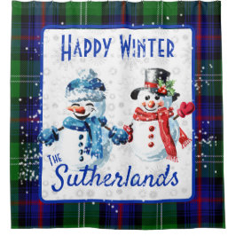 Cortina De Ducha Cute Snowmen Sutherland Clan Tartan Happy Winter
