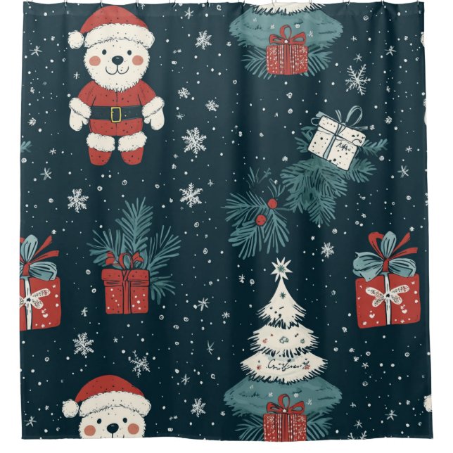 Cortina De Ducha Cute Teddy Bear & Santa on Dark Green (1) (Anverso)