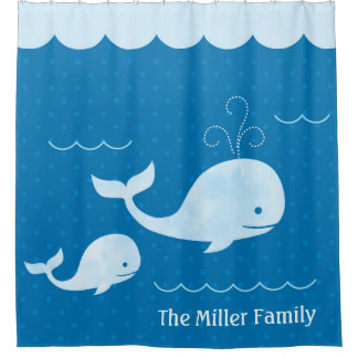 Cortina De Ducha Cute Whale Family Blue Underwater Dots