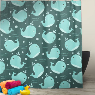 Cortina De Ducha Cute Whale Pattern on Teal Blue Kids Bathroom